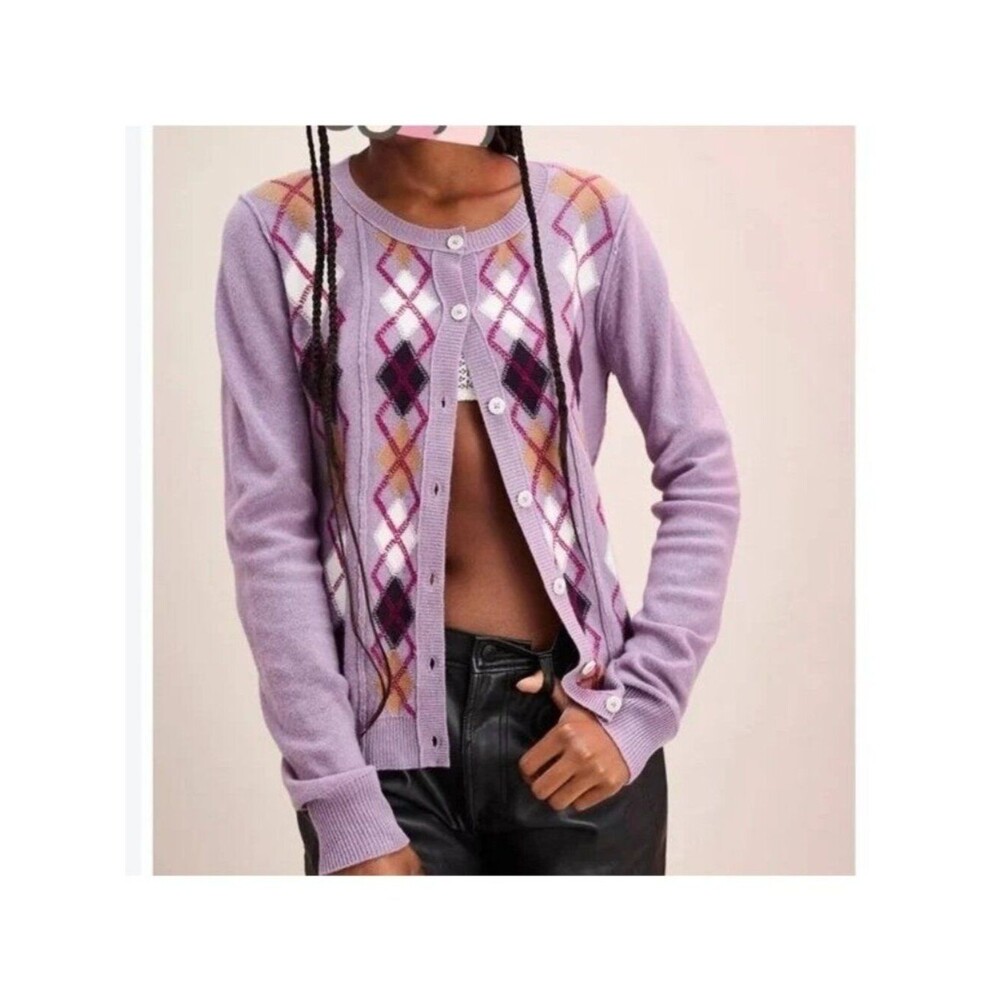 Free People M We The Free Aydin Cardi Knit Lilac Purple Argyle Academia